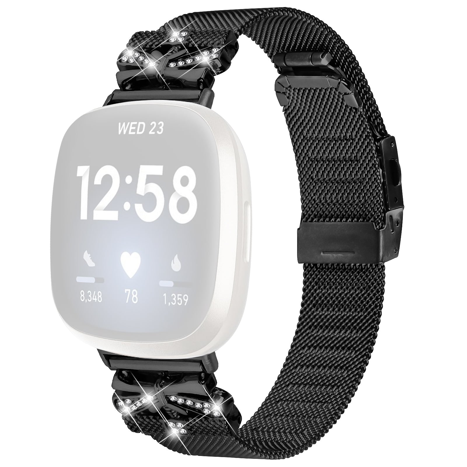 For Fitbit Sense / Versa 3 Rhinestone Decor Milanese Watchband Stainless Steel Watch Strap - Black For Fitbit Sense / Versa 3 Rhinestone Decor Milanese Watchband Stainless Steel Watch Strap - Black